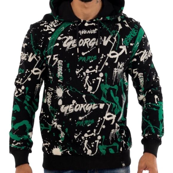 George V Paris Men's XXL Hoodie Black All Over Print Paint Splatter Graffiti NWT